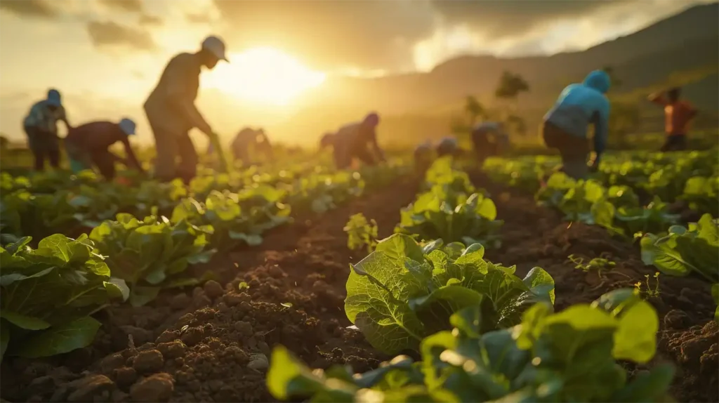 Trabajadores agrícolas colombianos laborando en un cultivo al amanecer, representando la visión de futuro y sostenibilidad de ASMETA en el sector agroindustrial.